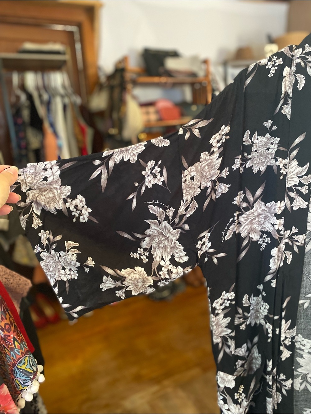 Black Floral Open Front Kimono - Picture 3 of 7
